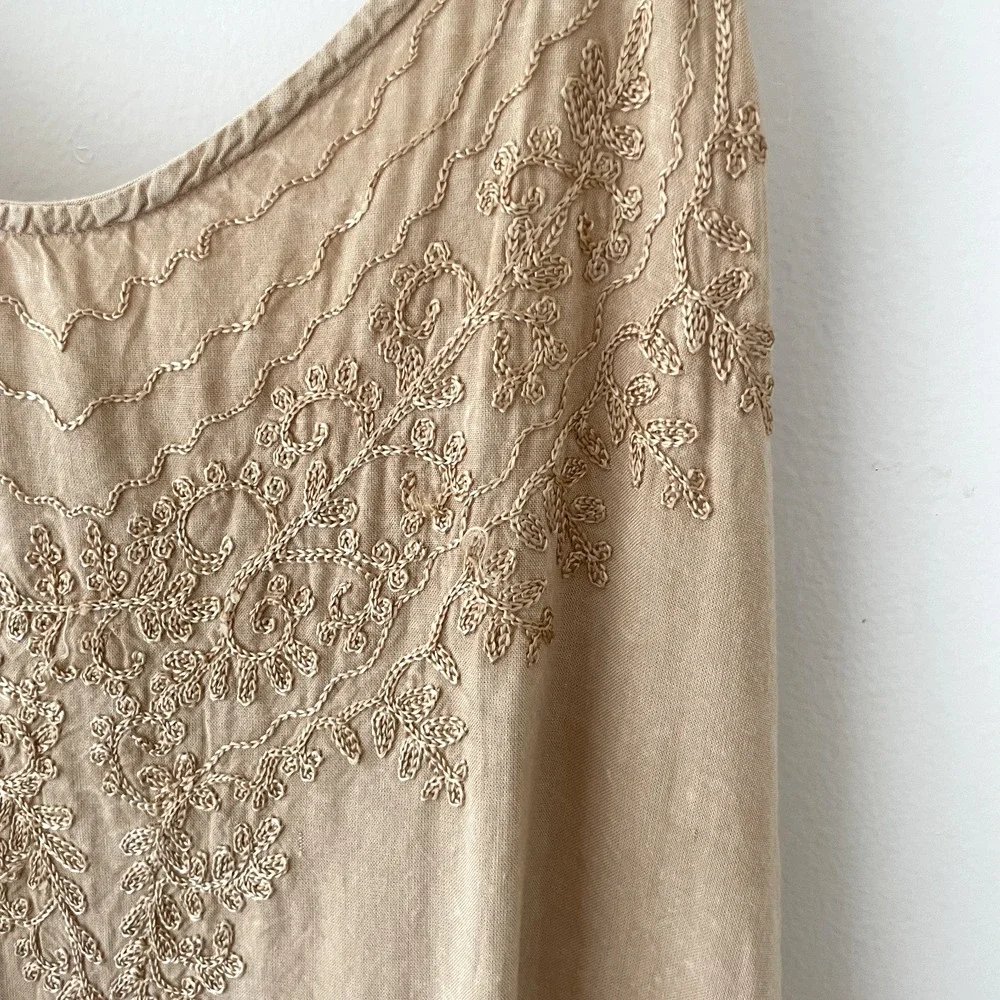 Boho Beige Embroidered Tank Top L Festival Cottagecore Fairy Hippie Button Strap - Picture 4 of 10
